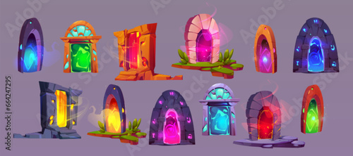 Magic game door with glowing portal. Cartoon vector illustration set of fantastic gates and frames with stone and wooden jambs and bright colorful luminous teleport entrance with steam and fog.