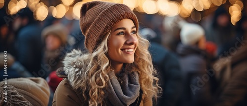 smiling young woman in a photograph having fun at a holiday market. © tongpatong