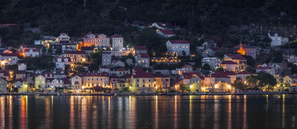 Fototapeta premium Panoramic view of Perast Town in Montenegro at night