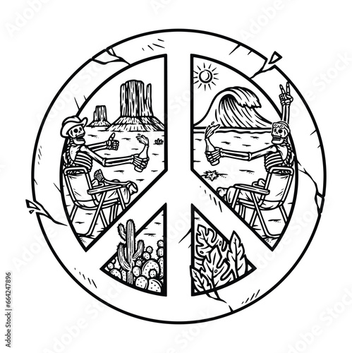 desert and beach in peace symbols line illustration