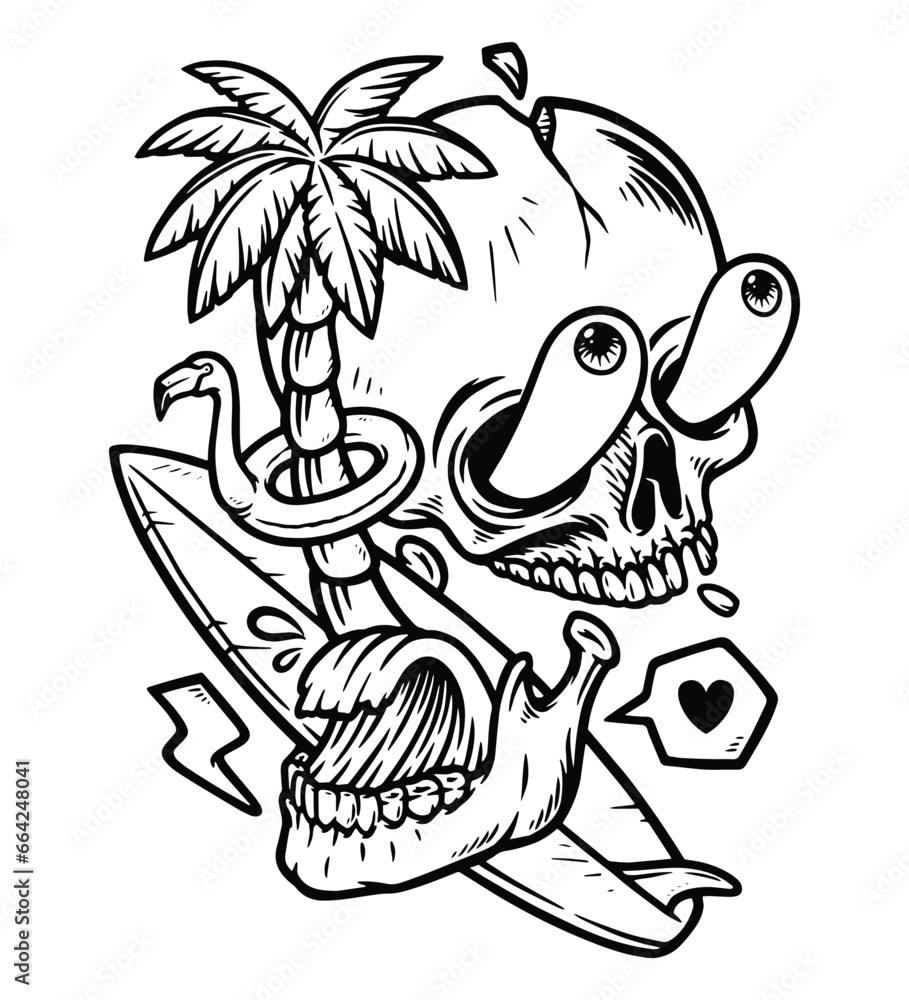 Fototapeta premium skull and beach stuff line illustration