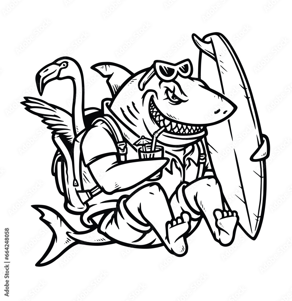 Fototapeta premium shark holding a surfboard line illustration