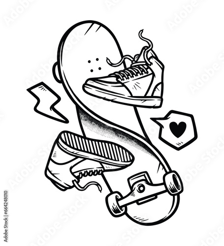 skateboard and a pair of shoes line illustration