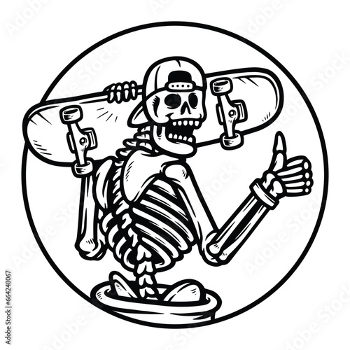 skull carrying a skateboard line illustration