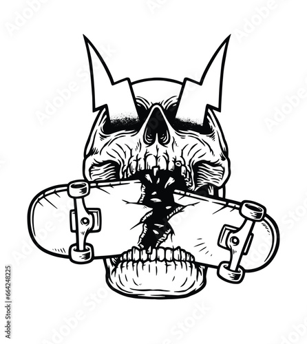 skull with skateboard in mouth line illustration