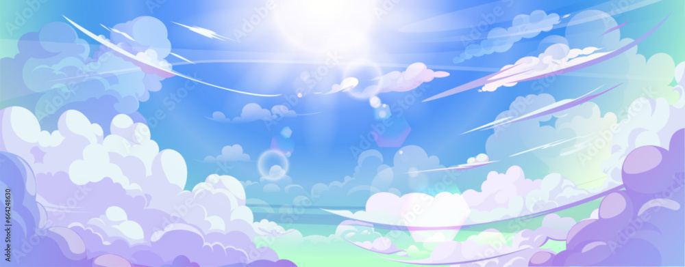 Anime cloud in blue heaven sky vector background. Summer abstract cloudy air design with gradient and sun light with reflection. Beautiful calm morning game outdoor panorama with sunshine painting. - obrazy, fototapety, plakaty 