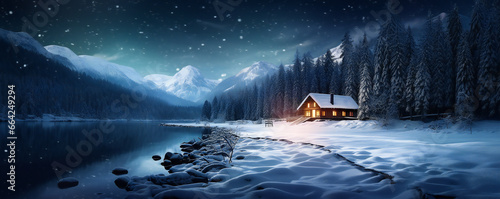 Idyllic log cabin in the forest in the evening, winter scene