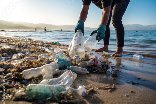 A volunteer collects plastic bottles on the ocean shore. hand close-up. Cleaning of the coastal zone photo