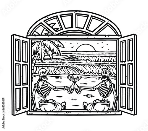 enjoy the beach view from the window line illustration