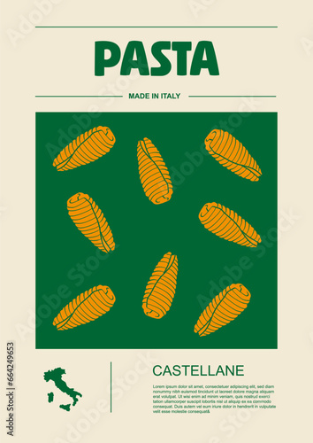 Italian macaroni types, labels for packages set. Castellane pasta. Organic and natural product, gourmet ingredient for cooking dishes. Handmade and tasty. Vector in flat style