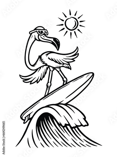 flamingo is surfing on the beach line illustration