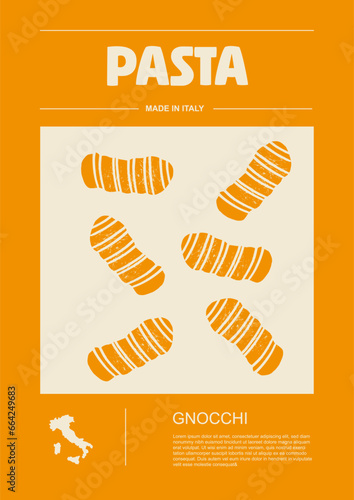 Italian macaroni types, labels for packages set. Gnocchi pasta. Organic and natural product, gourmet ingredient for cooking dishes. Handmade and tasty. Vector in flat style