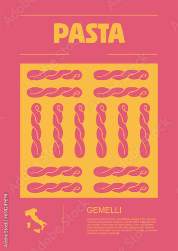 Italian macaroni types, labels for packages set. Gemelli pasta. Organic and natural product, gourmet ingredient for cooking dishes. Handmade and tasty. Vector in flat style