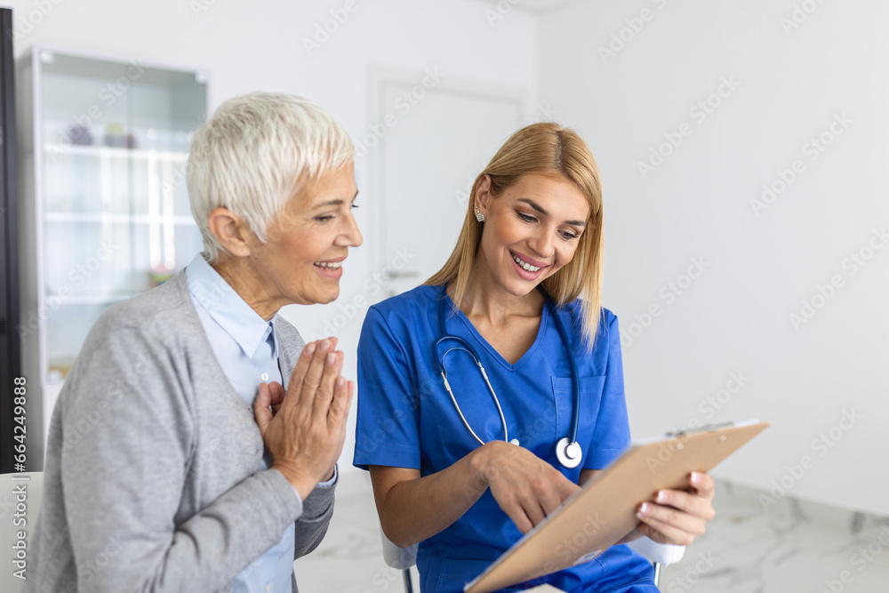 Young female professional doctor physician consulting patient, talking to senior woman client at medical checkup visit. diseases treatment. medical health care concept Young female professional doctor physician consulting patient, talking to senior woman client at medical checkup visit. diseases treatment. medical health care concept