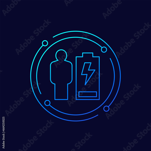 burnout or fatigue icon with low battery, linear design