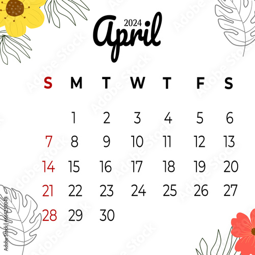 Calendar april 2024 week start Sunday