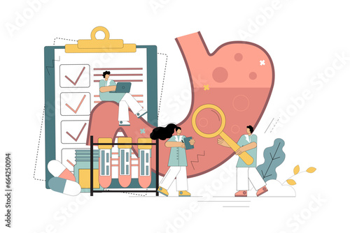 Stomach treatment. Diagnosis of stomach pain. Definition of disease. Little people explore the gastrointestinal tract. Vector flat illustration