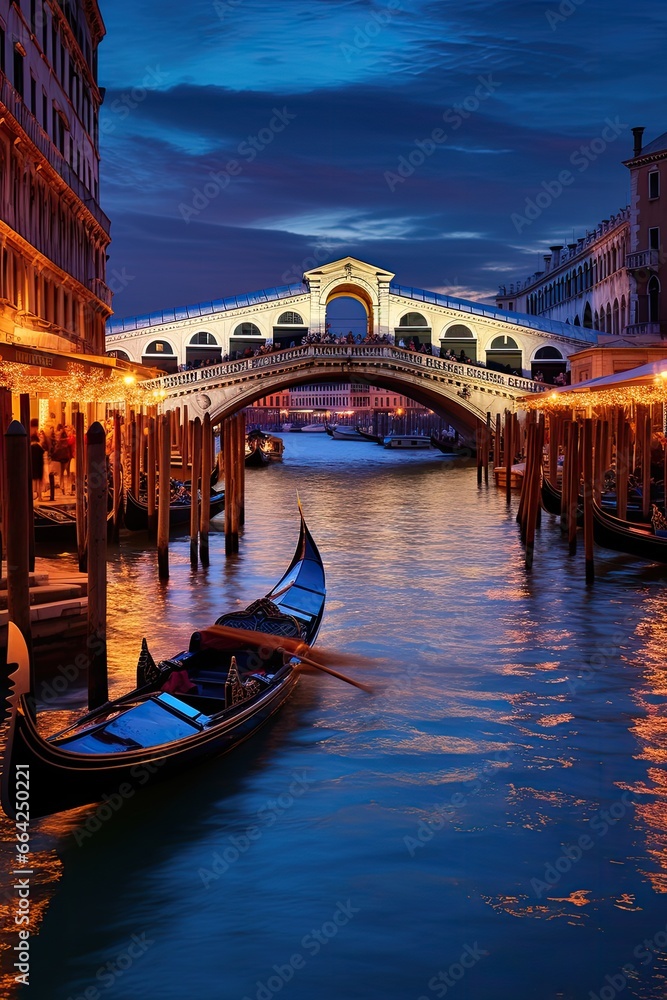 Gondolas and the Rialto Bridge, a romantic and scenic Venice, Italy view
