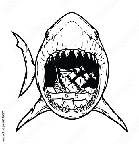 ships sink in the mouth of the shark line illustration