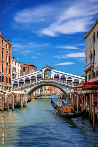 A picturesque view of a canal with a single gondola passing under an arch bridge in the heart of the city. © shelbys