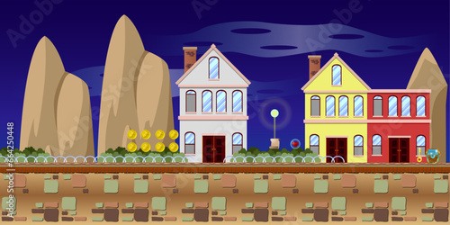 2d Platform Tileset sideview mini town and village forest background and items at night time