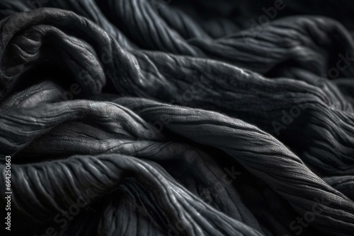 A textured twisted textile with creases and ripples on a dark background. Generative AI