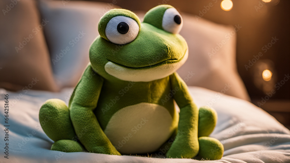 Fototapeta premium A Cute Plush Frog Adorns a Bed in the Warm Embrace of a Comfortable Room