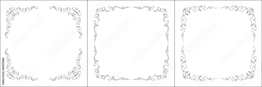 Set of three vector frames. Elegant black and white monochrome ornamental corners for greeting cards, banners, invitations. Vector frame for all sizes and formats. Isolated vector illustration. Set of three vector frames. Elegant black and white monochrome ornamental corners for greeting cards, banners, invitations. Vector frame for all sizes and formats. Isolated vector illustration.