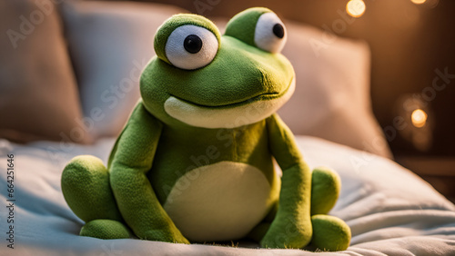A Cute Plush Frog Adorns a Bed in the Warm Embrace of a Comfortable Room
