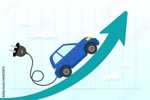 Electric car with plug-in cruising on rising up green stock market arrow graph, electric car stock price soaring, EV, electric vehicle earning and profit increase in new economy stock market (Vector)