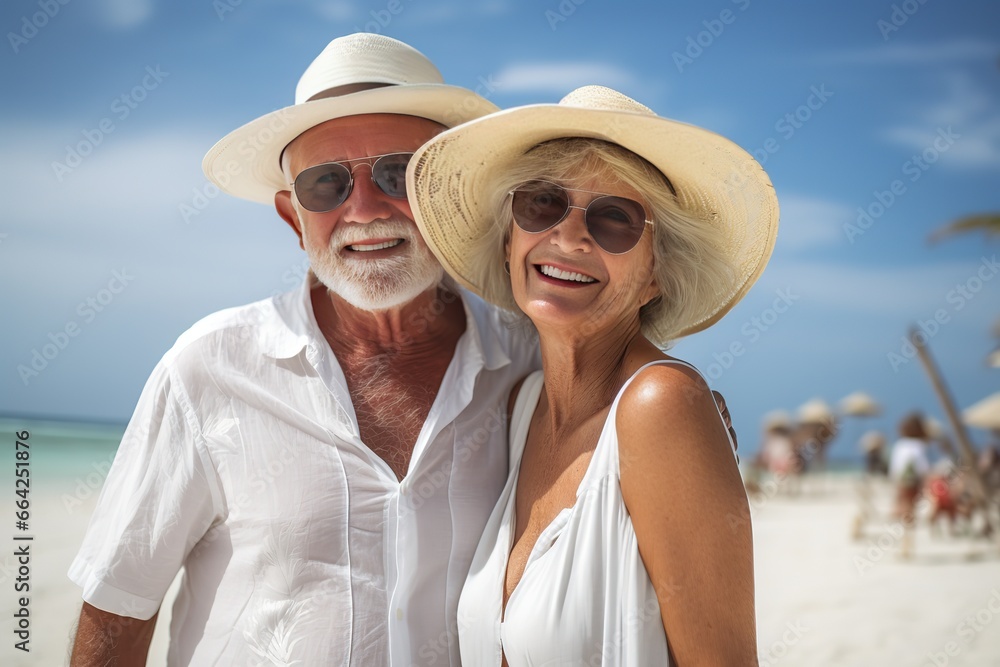 Elderly Couple in Beach Attire Smiles on Seaside