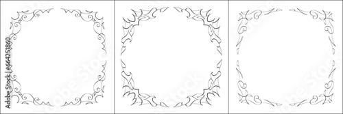 Set of three vector frames. Elegant black and white monochrome ornamental corners for greeting cards, banners, invitations. Vector frame for all sizes and formats. Isolated vector illustration.