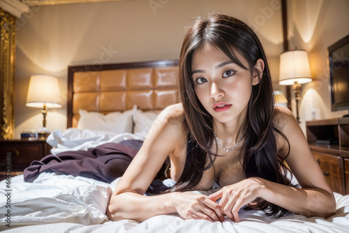 セックス後にホテルのベッドで裸でセクシーに寝そべる日本人女性(美人モデル) photo