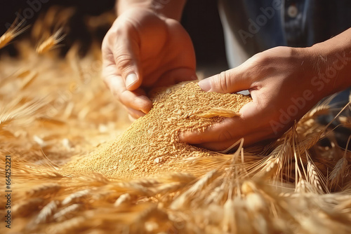 Farmers Hands Pour Grain During The Harvest photo