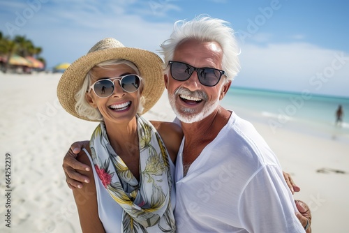 Elderly Couple in Beach Attire Smiles on Seaside