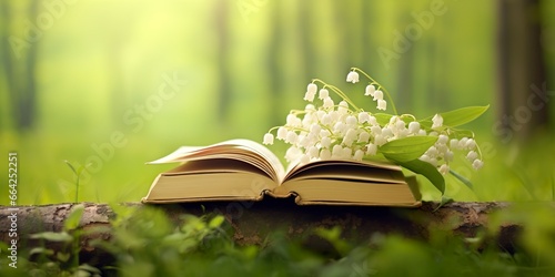 Lily of the Valley flowers and old books in the forest, green natural background.