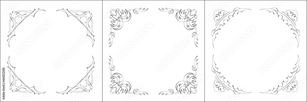 Set of three vector frames. Elegant black and white monochrome ornamental corners for greeting cards, banners, invitations. Vector frame for all sizes and formats. Isolated vector illustration.