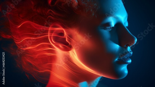 Woman with two colors of light in front of her face, in style of curves blurred red and blue color light. Beauty portrait closeup, long exposure