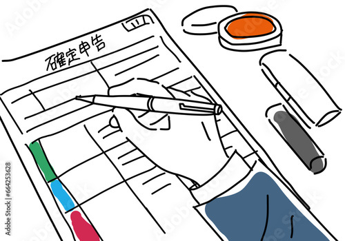 確定申告書に記入する男性の手元シンプル線画