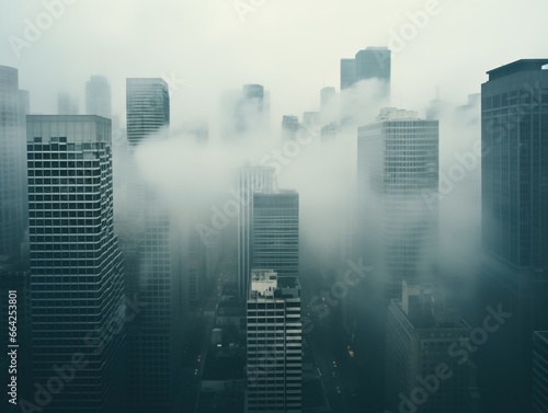 Photography of a city covered in mist and pollution