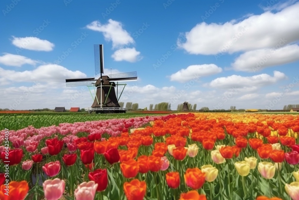 A scenic landscape with colorful flowers and traditional Dutch windmills surrounded by cloudy and blue skies. Generative AI