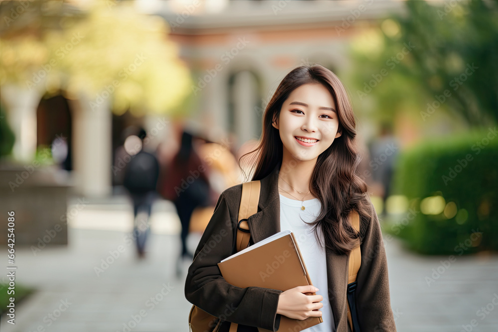 young college student with schoolbag holding folders in university
