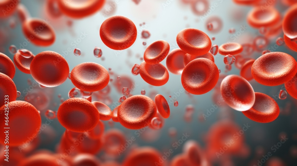 Red blood cells under microscope, scientific illustration, Blood Clot or thrombus blocking the red blood cells stream within an artery.red blood cells circulating in the blood vessels