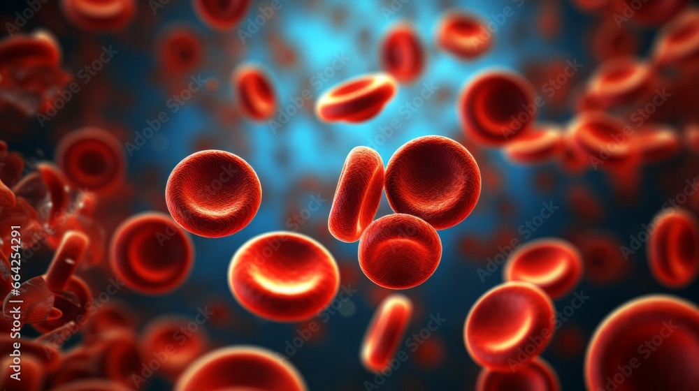 Red blood cells under microscope, scientific illustration, Blood Clot or thrombus blocking the red blood cells stream within an artery.red blood cells circulating in the blood vessels Red blood cells under microscope, scientific illustration, Blood Clot or thrombus blocking the red blood cells stream within an artery.red blood cells circulating in the blood vessels