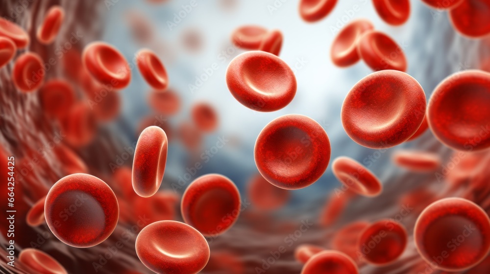 Red blood cells under microscope, scientific illustration, Blood Clot or thrombus blocking the red blood cells stream within an artery.red blood cells circulating in the blood vessels