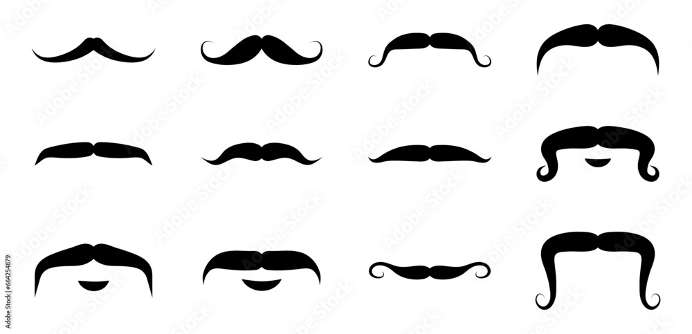 Mustache icon set. hipster, fashion, man, male, face, barber, hair, beard, curly, old, style, icons. Black solid icon collection. Vector illustration