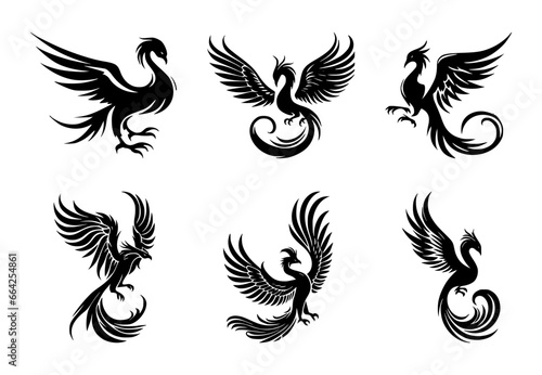 set of vector illustrations of phoenix birds on isolated background