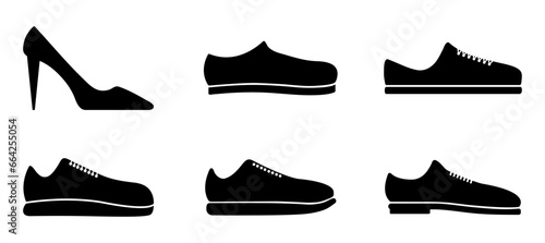 Shoes icon set. shoe, footwear, boot, footgear, sneaker, shoes, high heel, fashion, comfortable, men, woman, icons. Black solid icon collection. Vector illustration