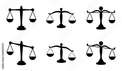 Scale icon set. balance, weight, justice, law, scales, legal, equal, measurement, judge, lawyer, court, icons. Black solid icon collection. Vector illustration