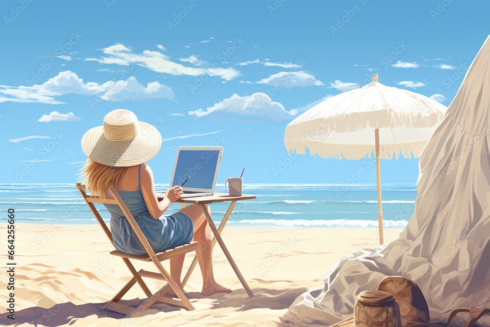 Young nomad women sitting on a Beach, working on the internet remotely at sunset, Traveling with a computer.